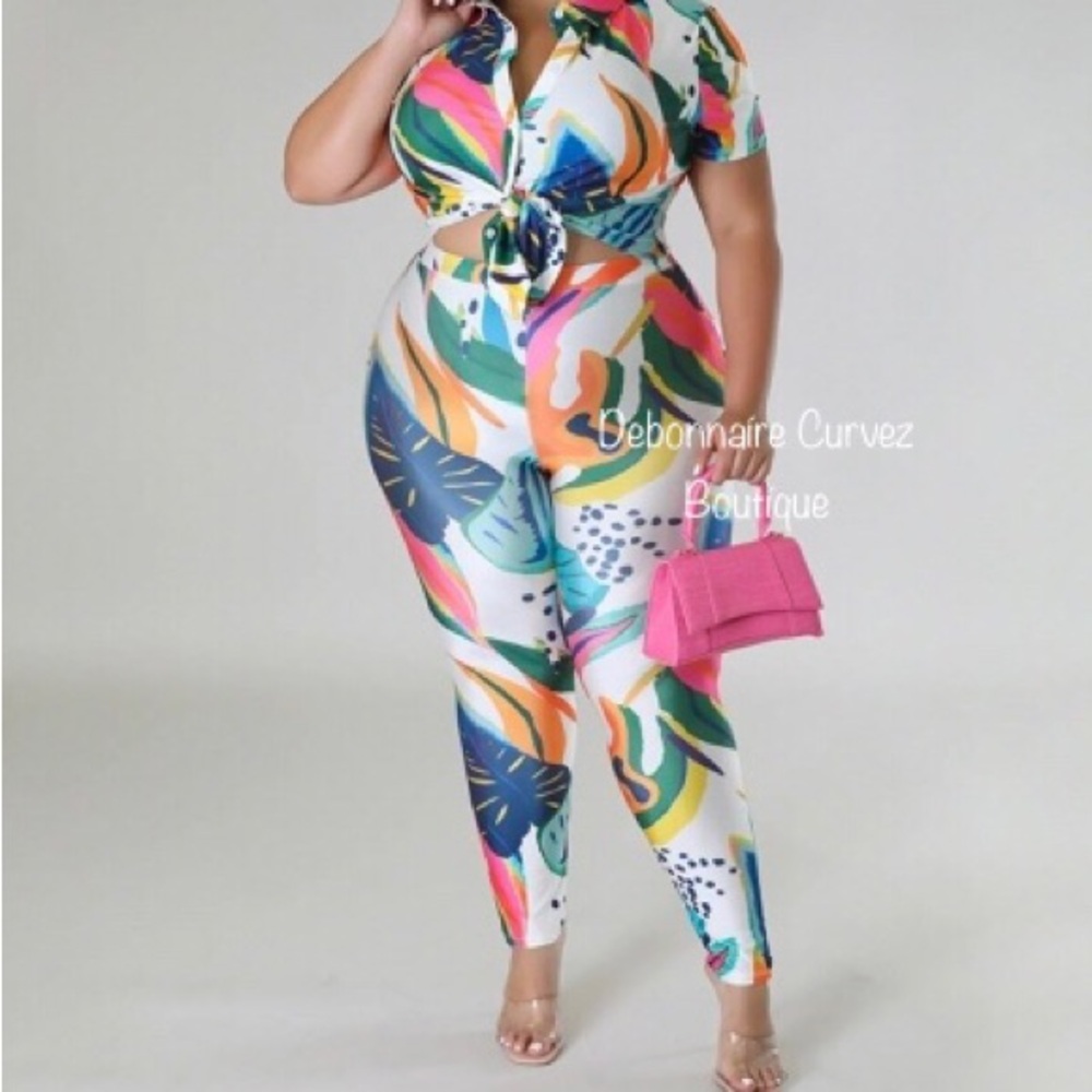 Colorful Leaf Print Two Piece Set